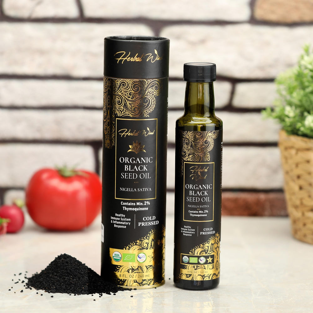Herbal Wind oil with glass hints at cardiovascular and immune support potential.