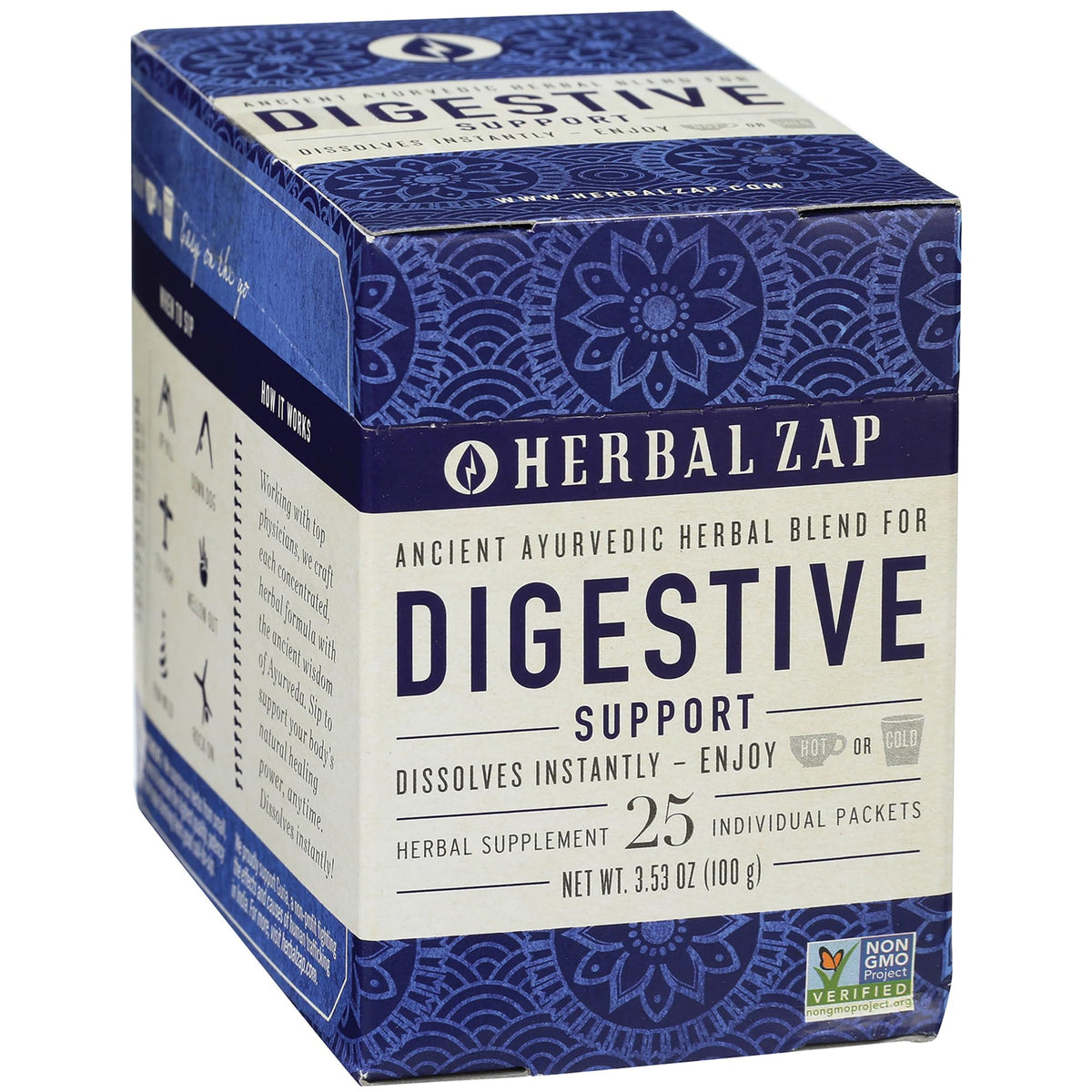Herbal Zap digestive support packet dissolving in water for a soothing sip