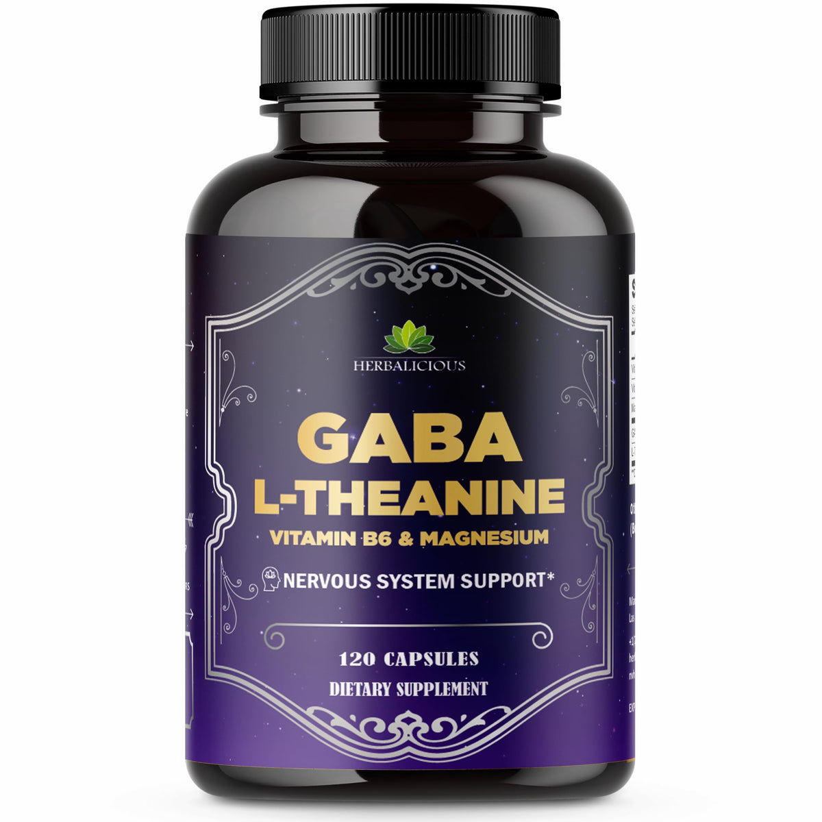 HERBALICIOUS GABA L-Theanine bottle showing calm support for daily balance.