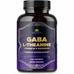 HERBALICIOUS GABA L-Theanine bottle showing calm support for daily balance.