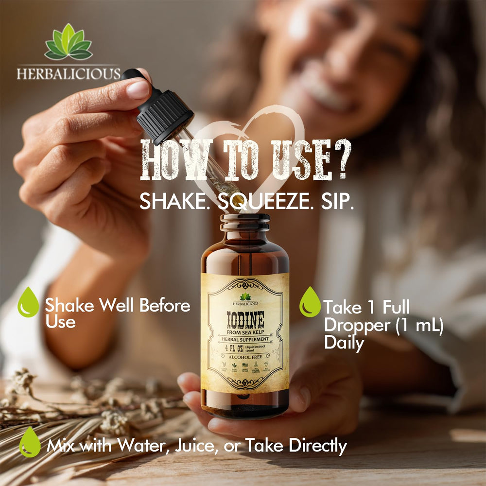 HERBALICIOUS iodine drops drops-in-water setup shows easy addition to drinks.