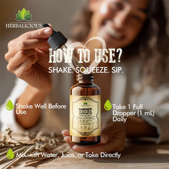 HERBALICIOUS iodine drops drops-in-water setup shows easy addition to drinks.