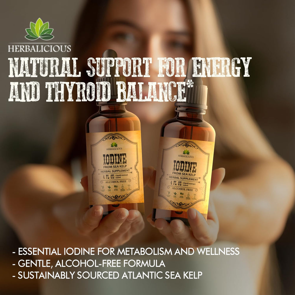 HERBALICIOUS iodine drops US-made label close-up emphasizes clean formula.