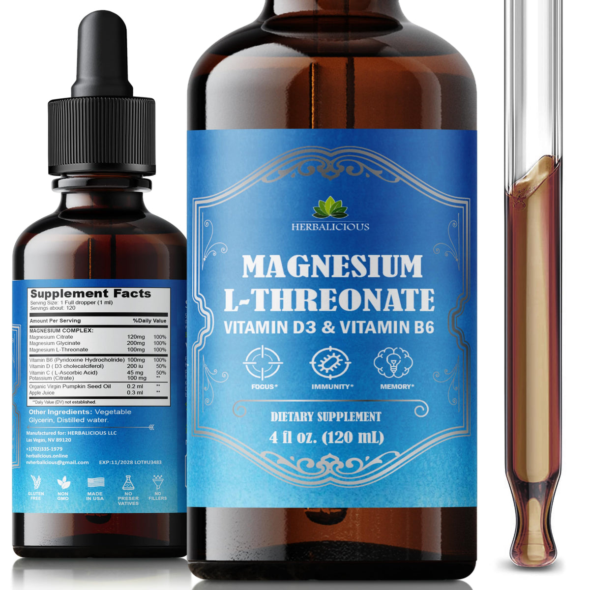HERBALICIOUS Magnesium Complex Liquid bottle supports energy and relaxation.