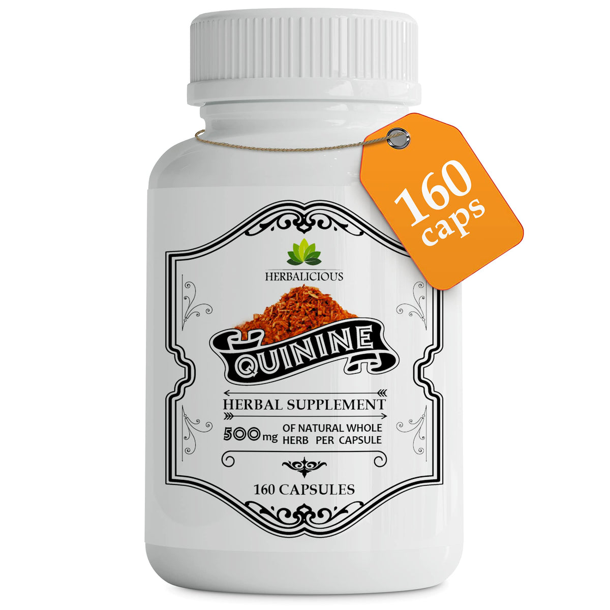 HERBALICIOUS Quinine capsules bottle, daily support for leg comfort and digestion.