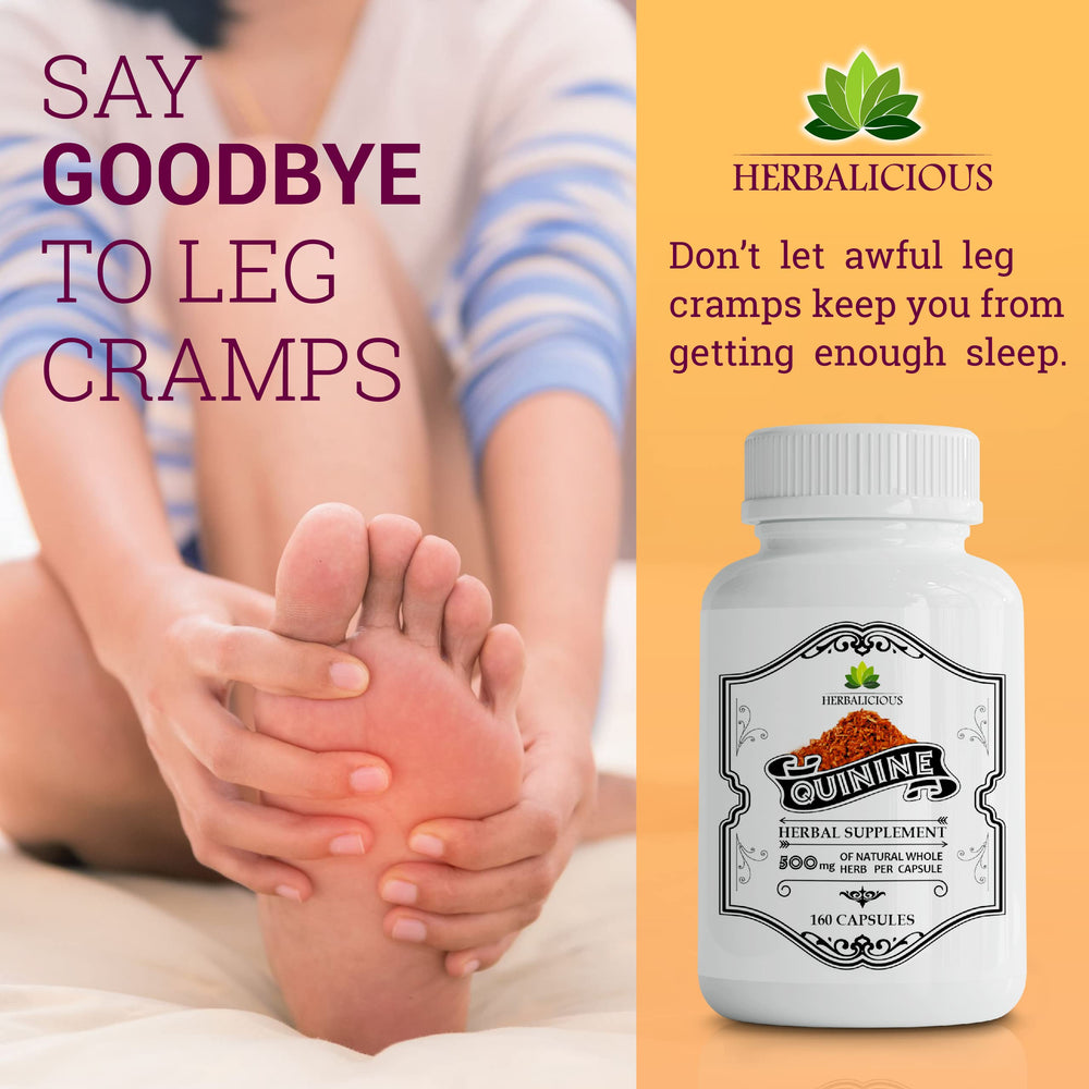 HERBALICIOUS Quinine capsules label closeup highlighting Cinchona bark ingredient.