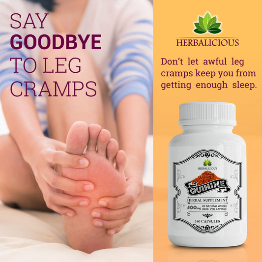 HERBALICIOUS Quinine capsules label closeup highlighting Cinchona bark ingredient.
