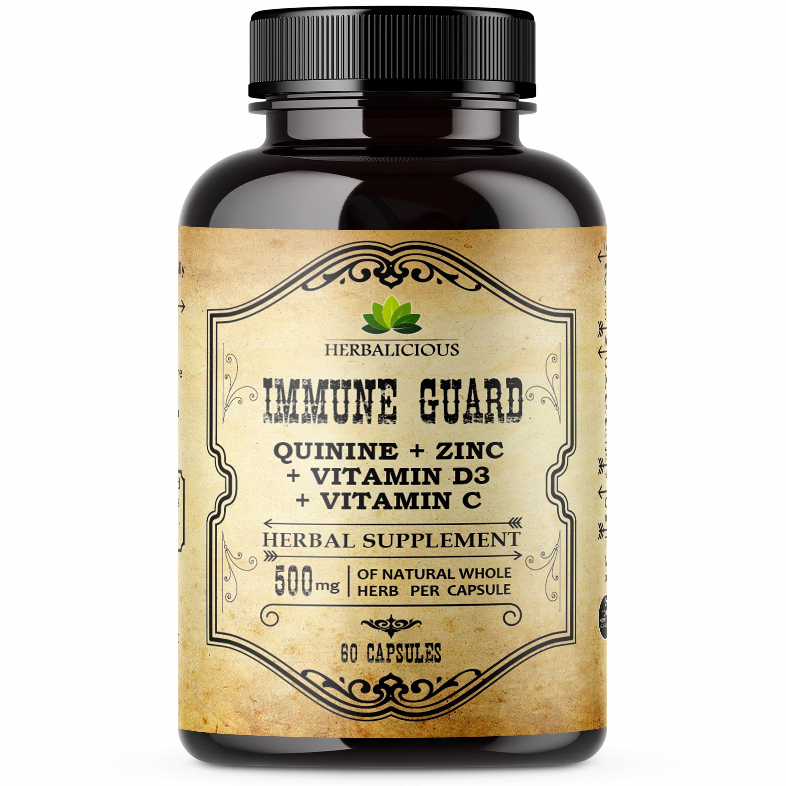 Herbalicious Quinine Immune Guard bottle with capsules for immune support on daily regimen.