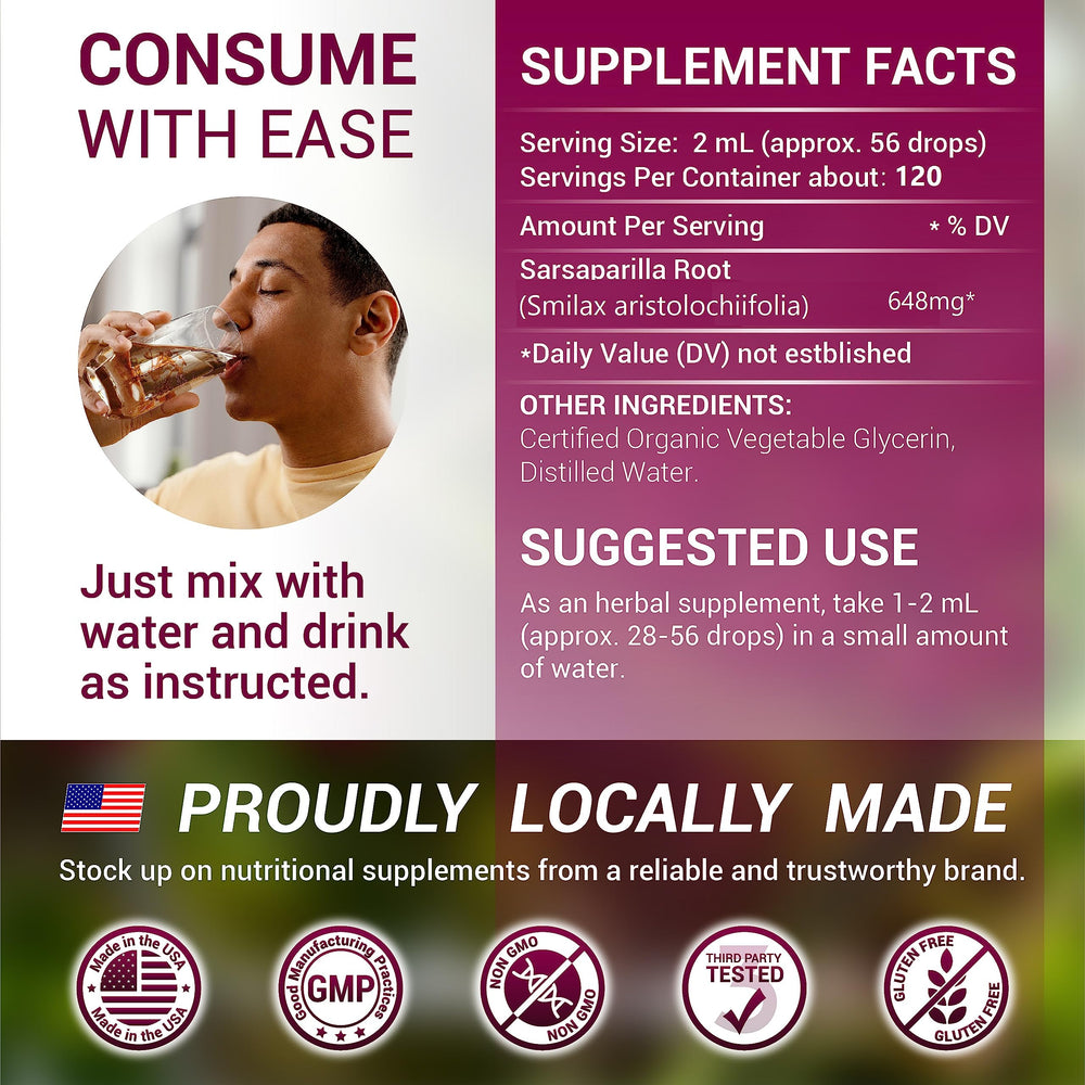 HERBALICIOUS Sarsaparilla Extract packaging—Made in USA with gluten-free, filler-free promise.