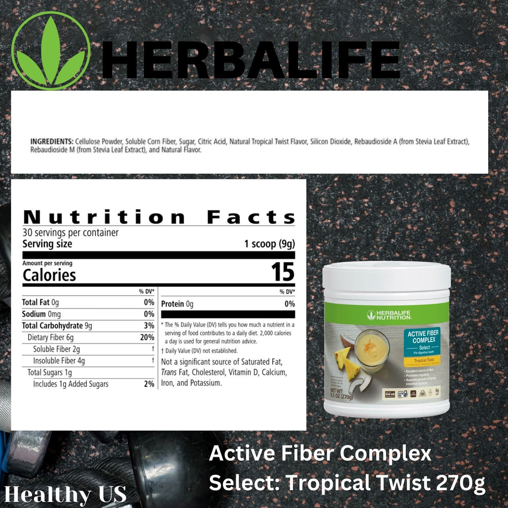 Herbalife Active Fiber Complex Tropical Twist glass with water for easy consumption.
