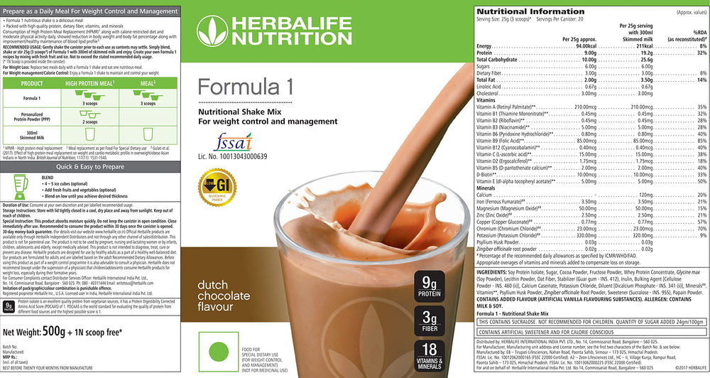 Herbalife Formula 1 Dutch Chocolate ingredients label close-up