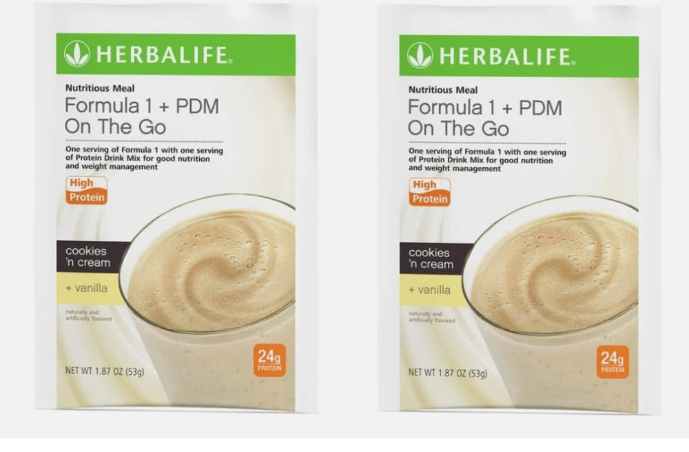 Herbalife Formula 1 + PDM On The Go shake with Cookies 'n Cream and Vanilla for quick protein