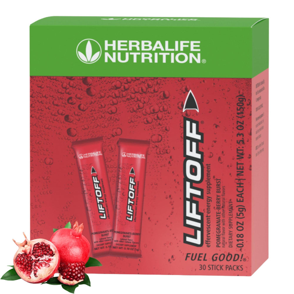 Herbalife Liftoff Pomegranate-Berry Burst bottle displayed for daytime energy support