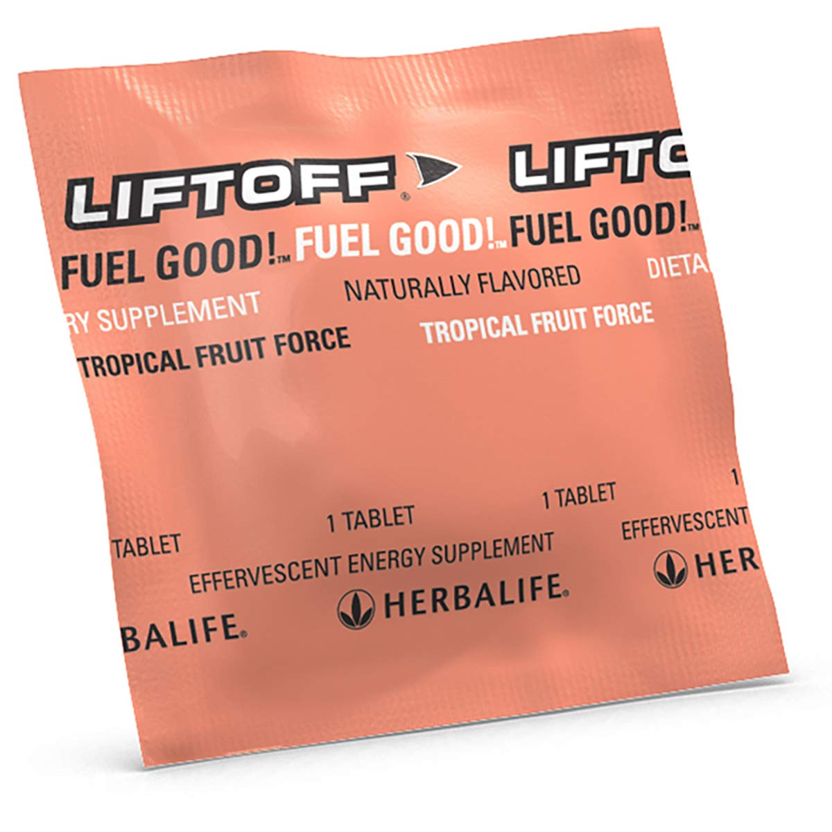 Herbalife Liftoff Tropical Fruit Force tablets close-up showing quick-dissolve action.