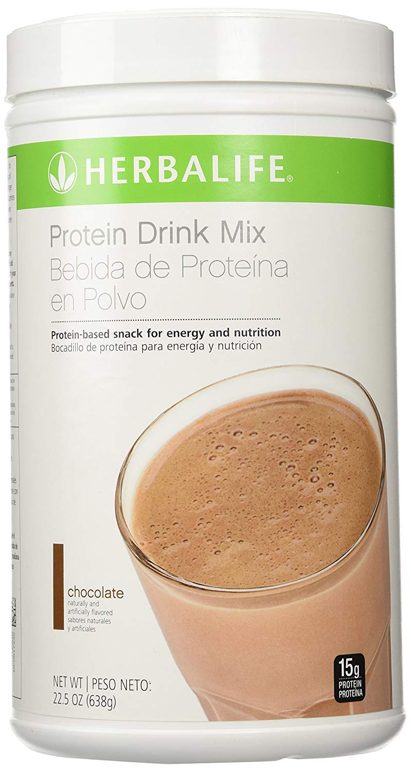 Herbalife Protein Drink Mix chocolate canister closeup for convenient nutrition on the go.