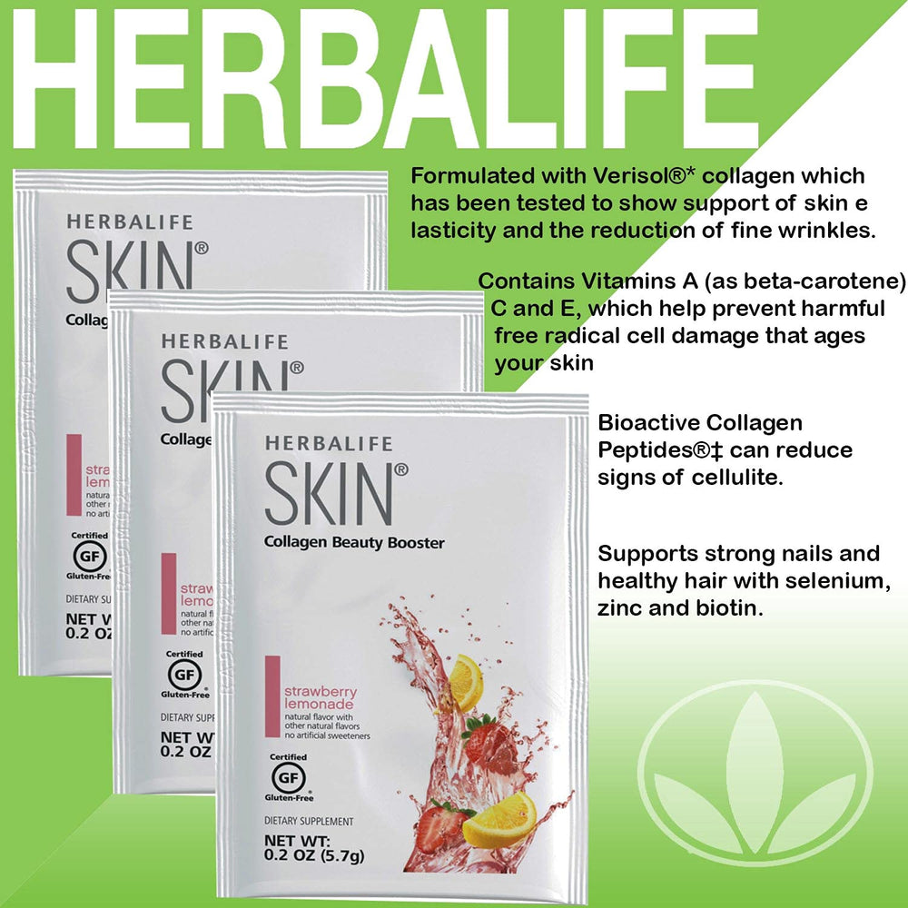 Herbalife Skin Strawberry Lemonade packet poured into water for quick skin-friendly hydration