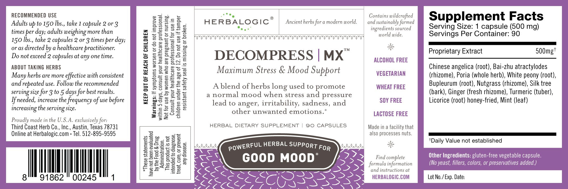 Herbalogic Decompress MX bottle label highlights traditional Xiao Yao San roots.