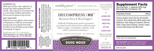 Herbalogic Decompress MX bottle label highlights traditional Xiao Yao San roots.