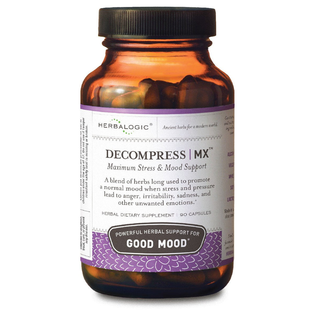 Herbalogic Decompress MX capsules bottle supports calmer mood during stressful days.