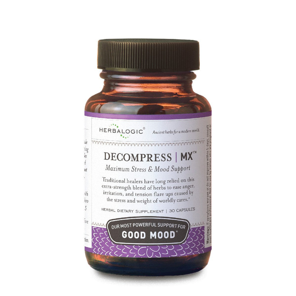 Herbalogic Decompress MX bottle with capsules suggesting a calmer mood.