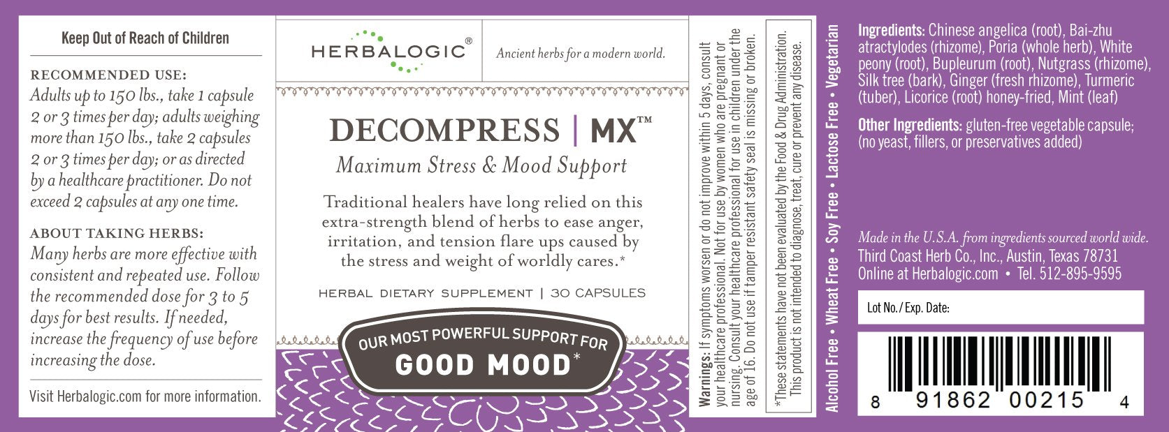 Herbalogic Decompress MX capsules closeup for daily stress relief.