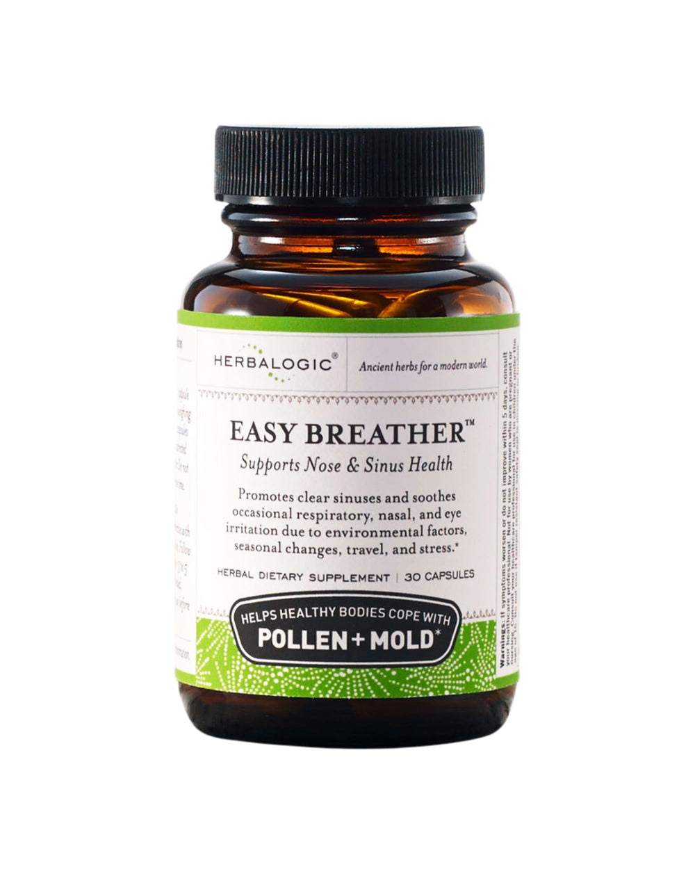 Herbalogic Easy Breather capsules front label highlights mint blend for seasonal breathing support.