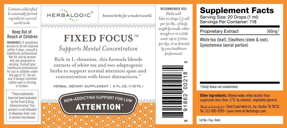 Herbalogic Fixed Focus bottle label highlights ingredients and presentation-friendly benefits.