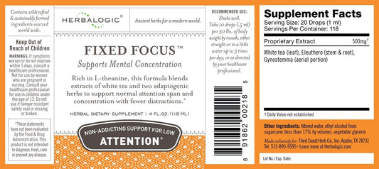 Herbalogic Fixed Focus bottle label highlights ingredients and presentation-friendly benefits.