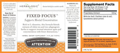 Herbalogic Fixed Focus bottle label highlights ingredients and presentation-friendly benefits.