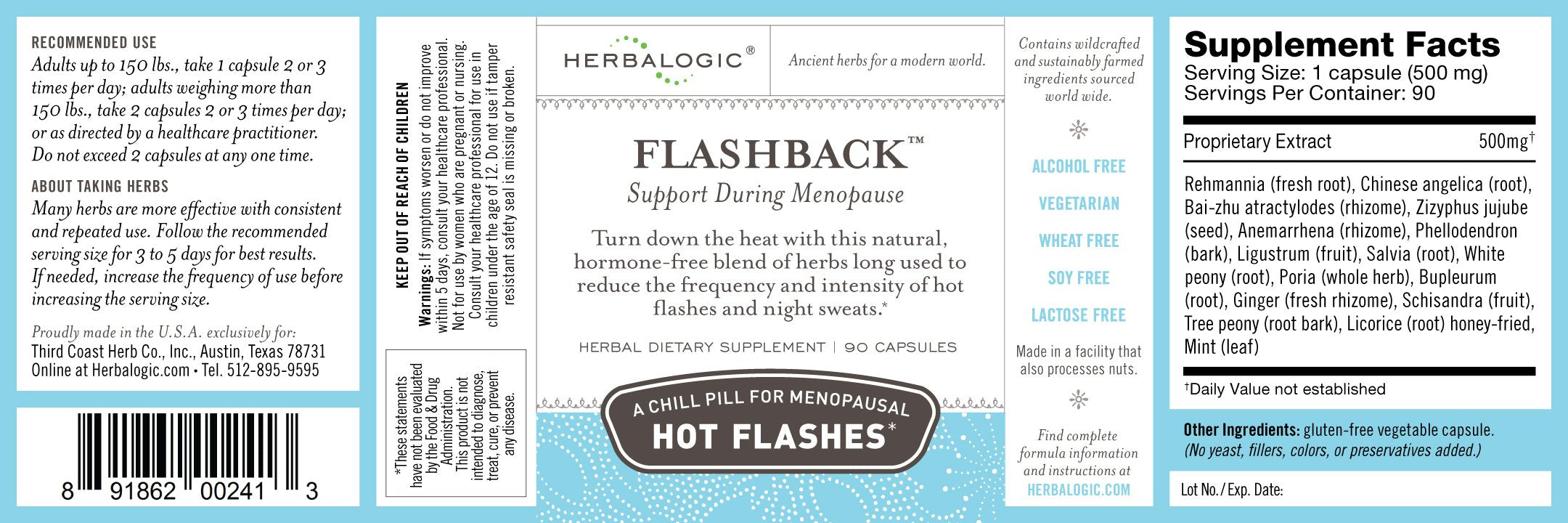 Herbalogic Flashback bottle-label close-up showing 16-herb blend and Dong Quai.