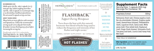 Herbalogic Flashback bottle-label close-up showing 16-herb blend and Dong Quai.