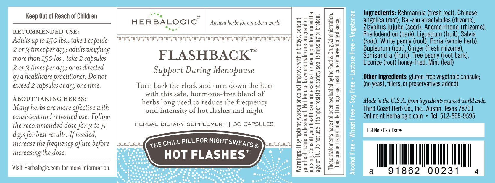 Herbalogic Flashback label closeup highlights natural herb blend for symptom management.