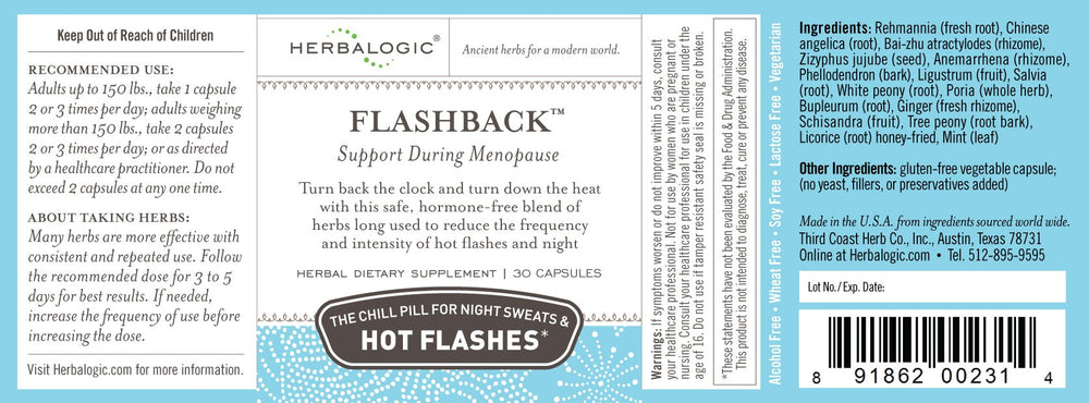 Herbalogic Flashback label closeup highlights natural herb blend for symptom management.