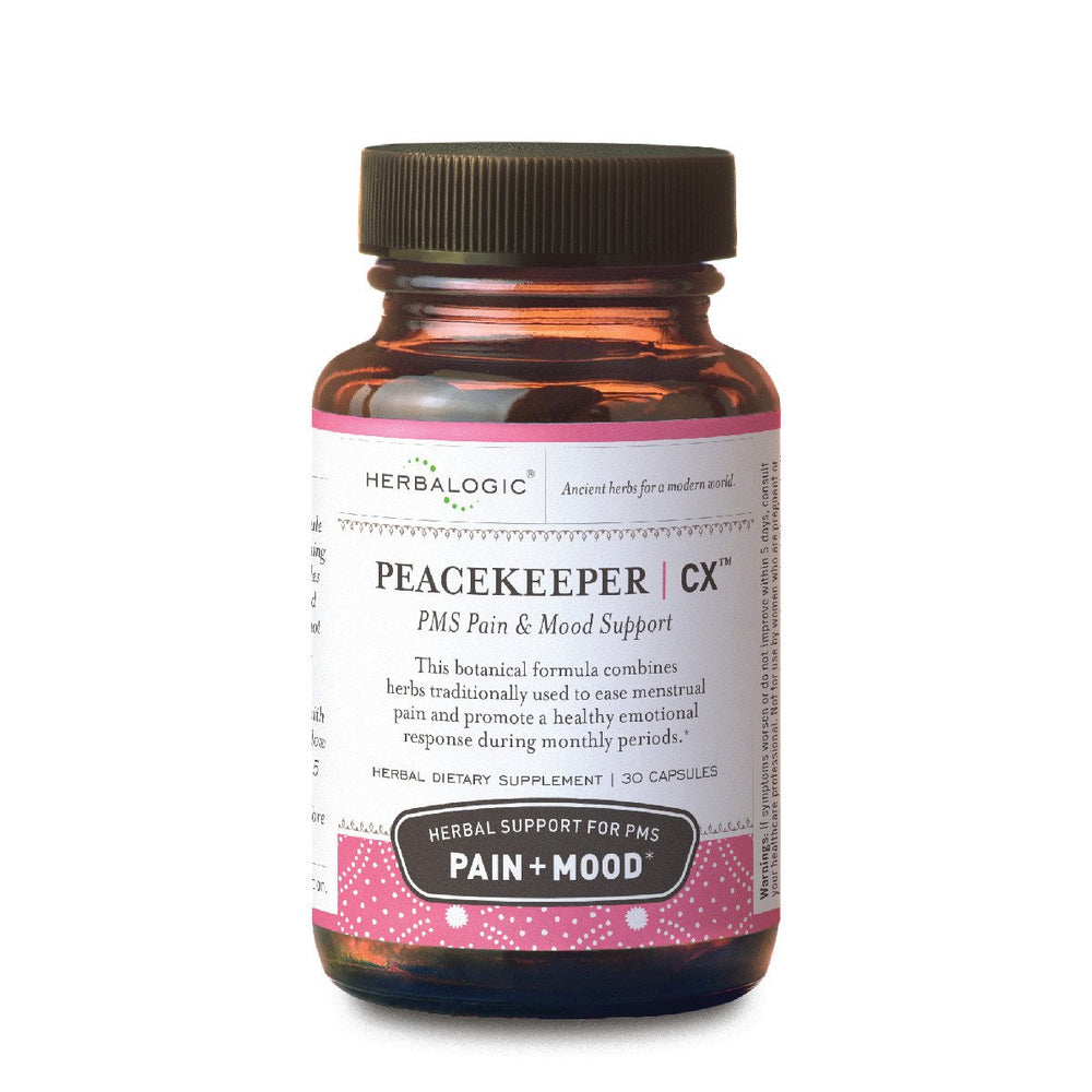 Herbalogic Peacekeeper CX capsules bottle for mood balance and monthly comfort.