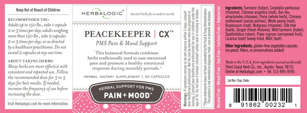 Peacekeeper CX capsules being poured for easy daily PMS support.