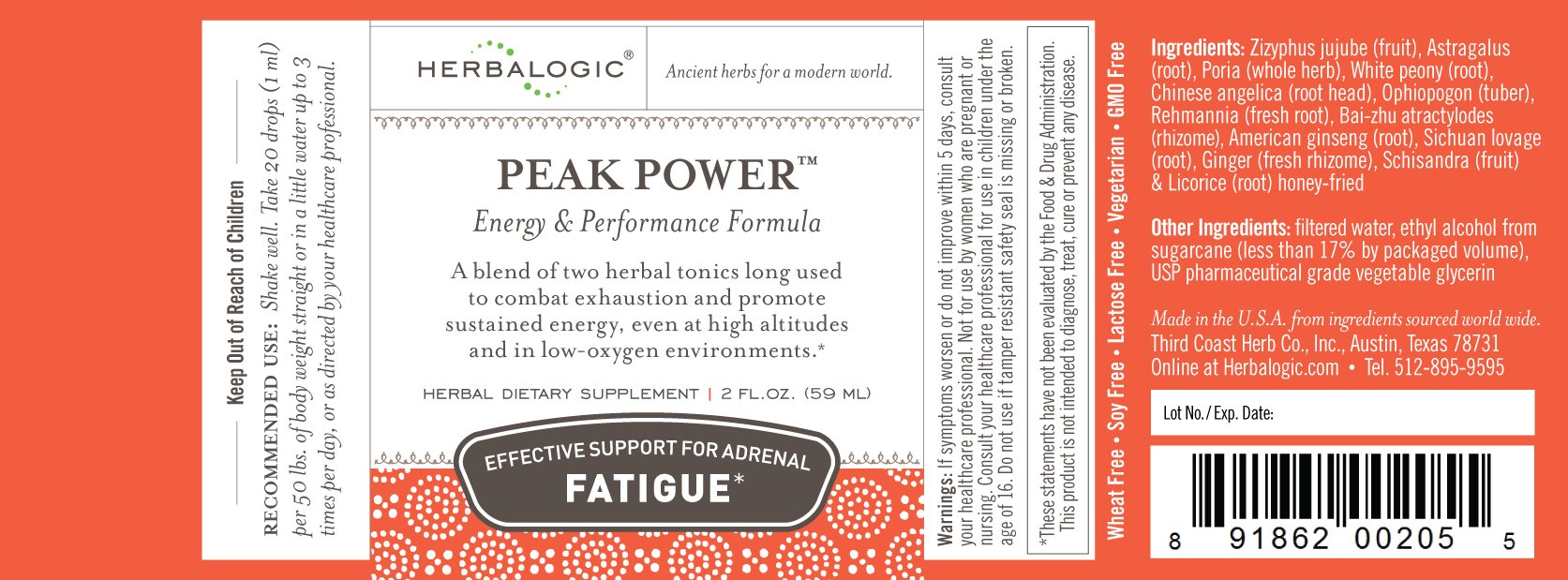Herbalogic Peak Power liquid drops label closeup showcases natural ingredients.
