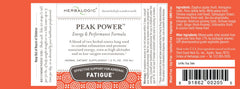 Herbalogic Peak Power liquid drops label closeup showcases natural ingredients.