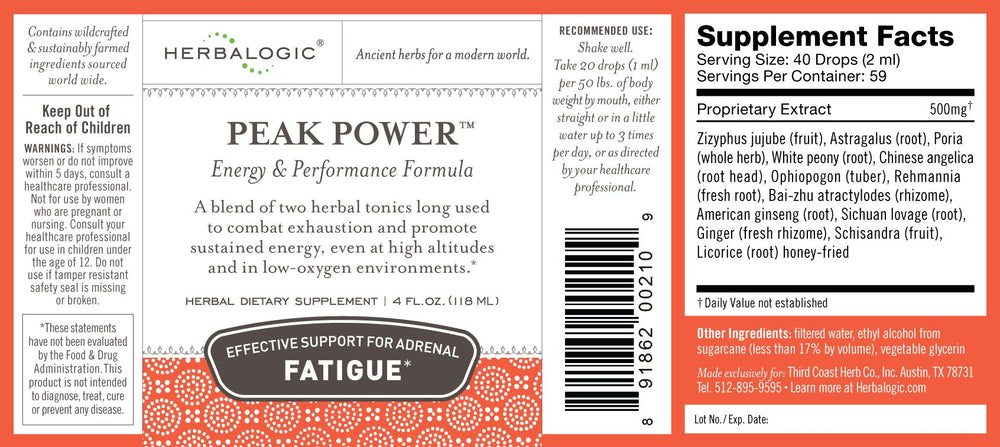 Herbalogic Peak Power liquid drops pour for steady caffeine-free energy.
