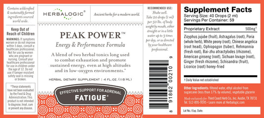 Herbalogic Peak Power liquid drops pour for steady caffeine-free energy.