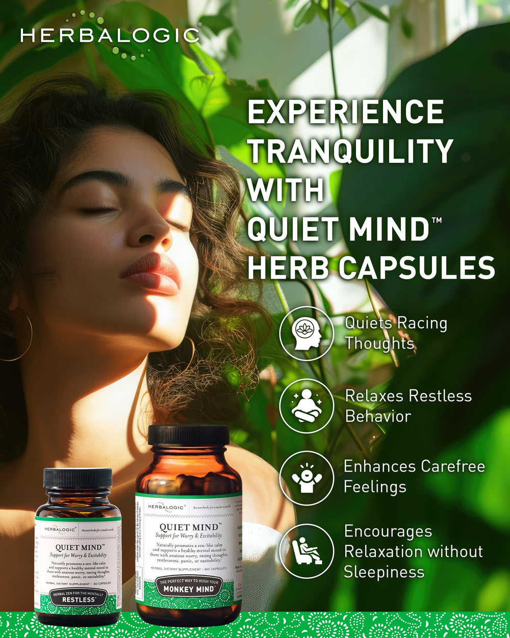 Close-up of Herbalogic Quiet Mind capsules showing the herbal blend for balance.