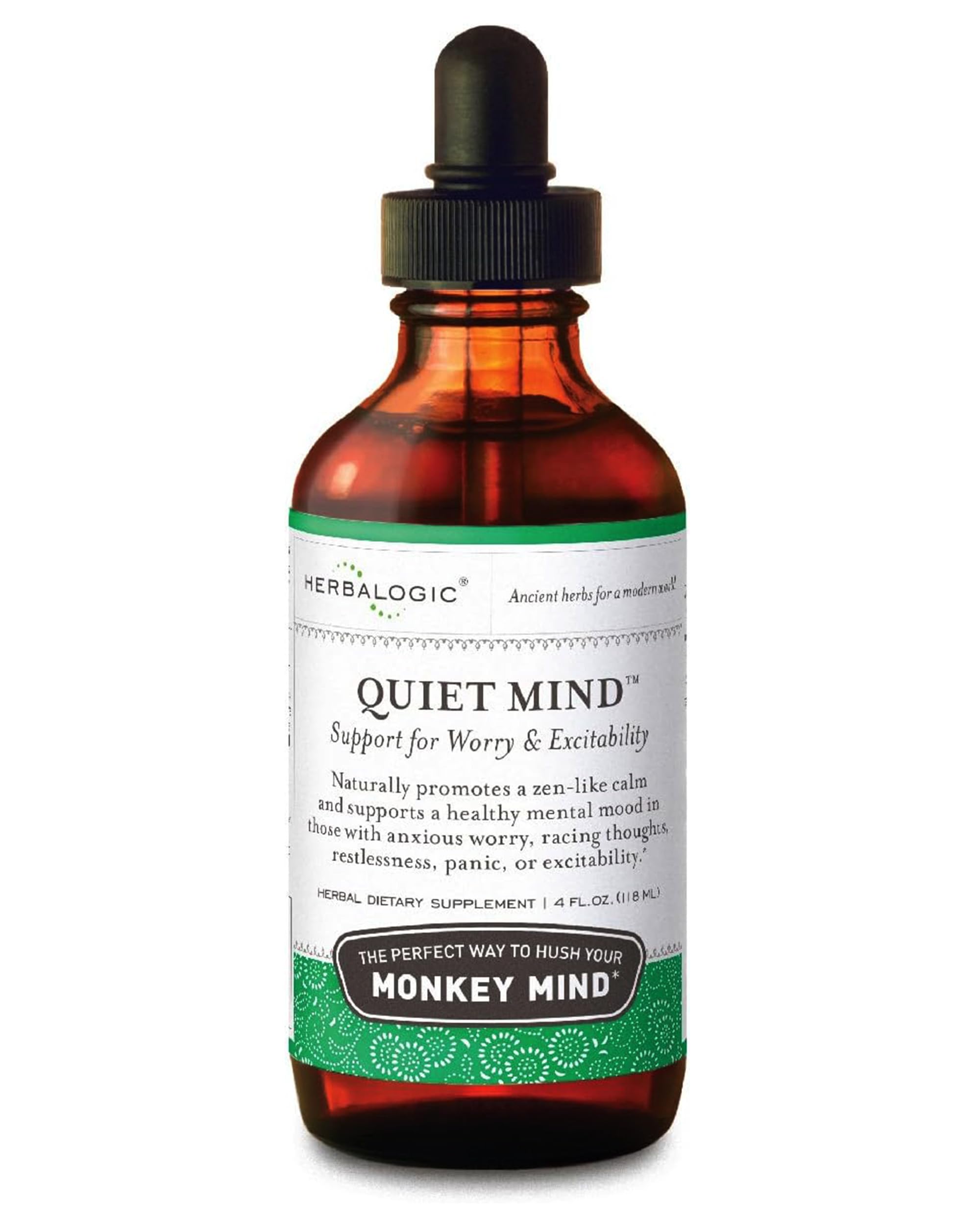 Herbalogic Quiet Mind drops bottle front view promotes calm focus for busy days.