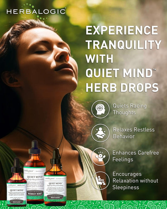 Herbalogic Quiet Mind drops bottle side shot shows label and natural ingredients.