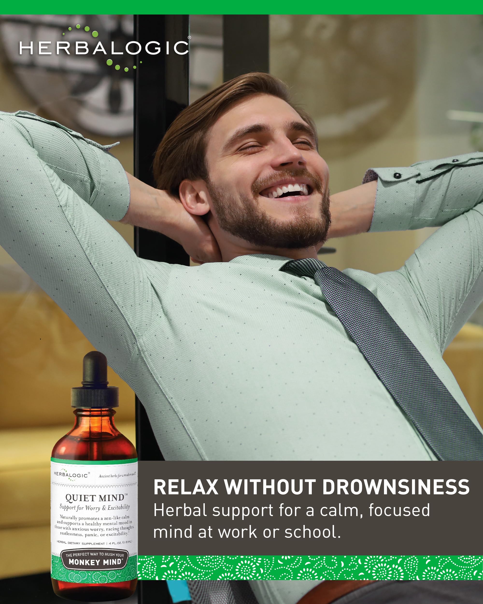 Herbalogic Quiet Mind drops label close-up shows gluten-free, artificial-free formulation.