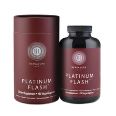 Herbalore Platinum Flash label close-up showing vegan, non-GMO ingredients.