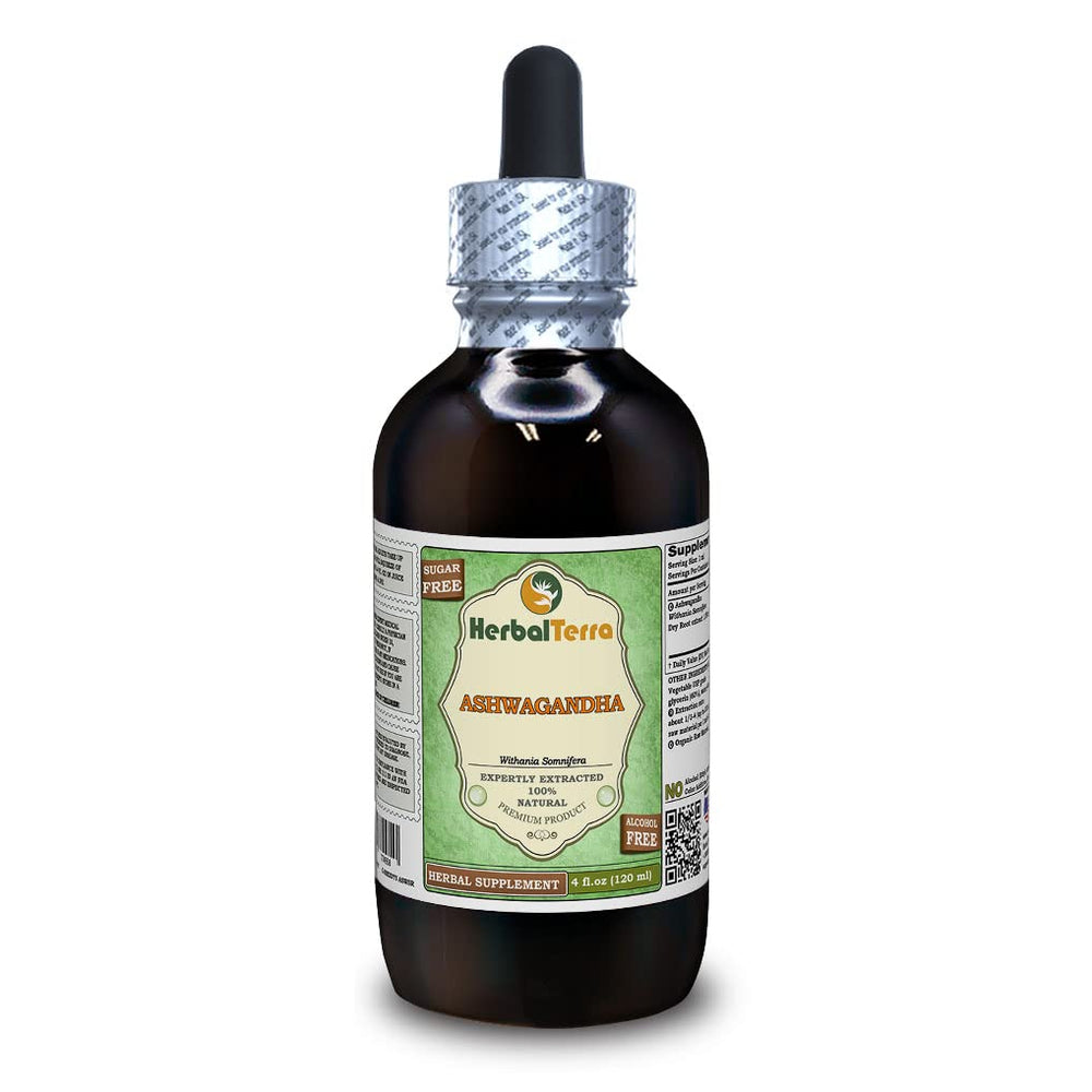 HerbalTerra Ashwagandha glycerite bottle pour, alcohol-free liquid extract for daily calm and focus.