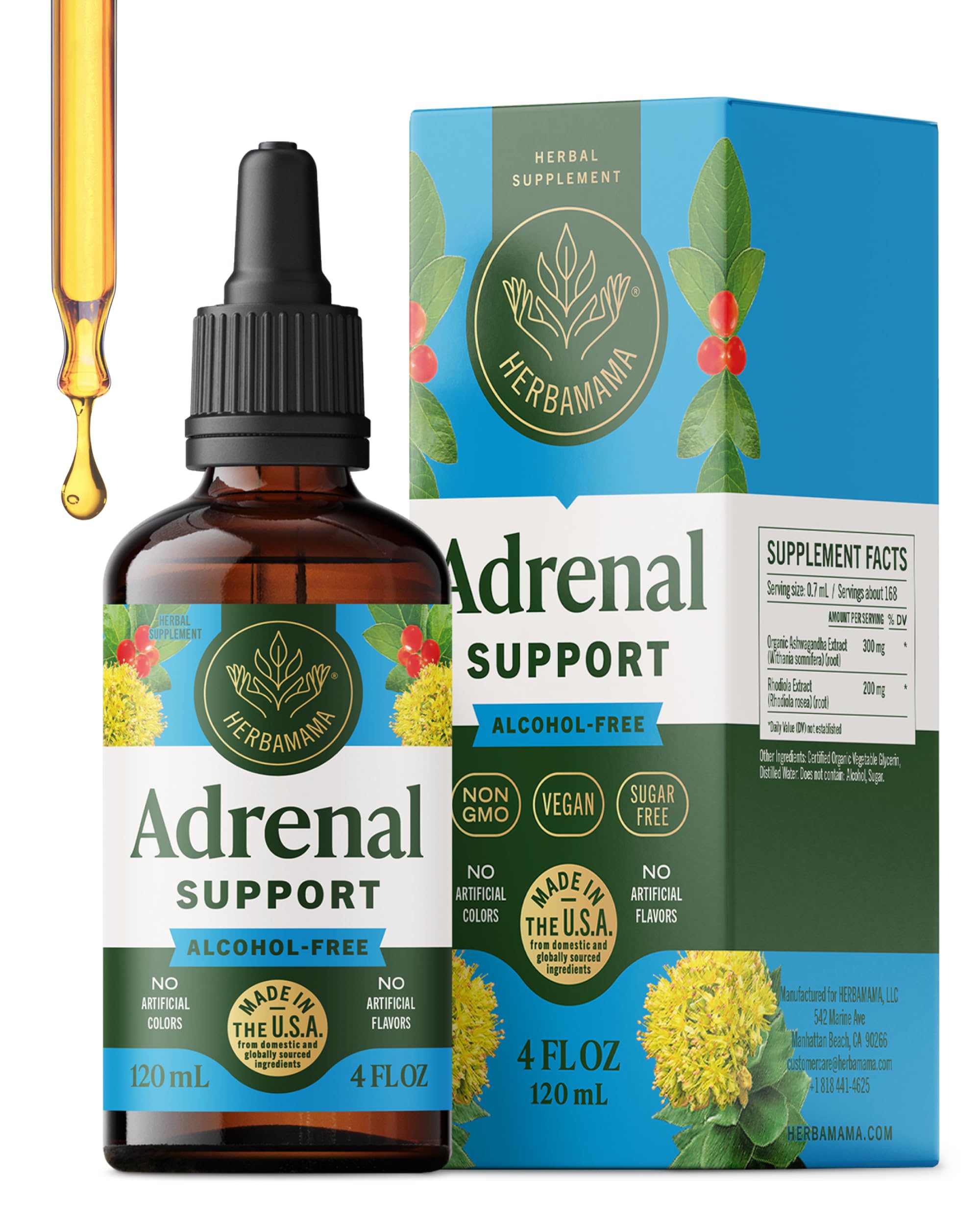 HERBAMAMA Adrenal Support Drops bottle highlighting vegan formula for daily use