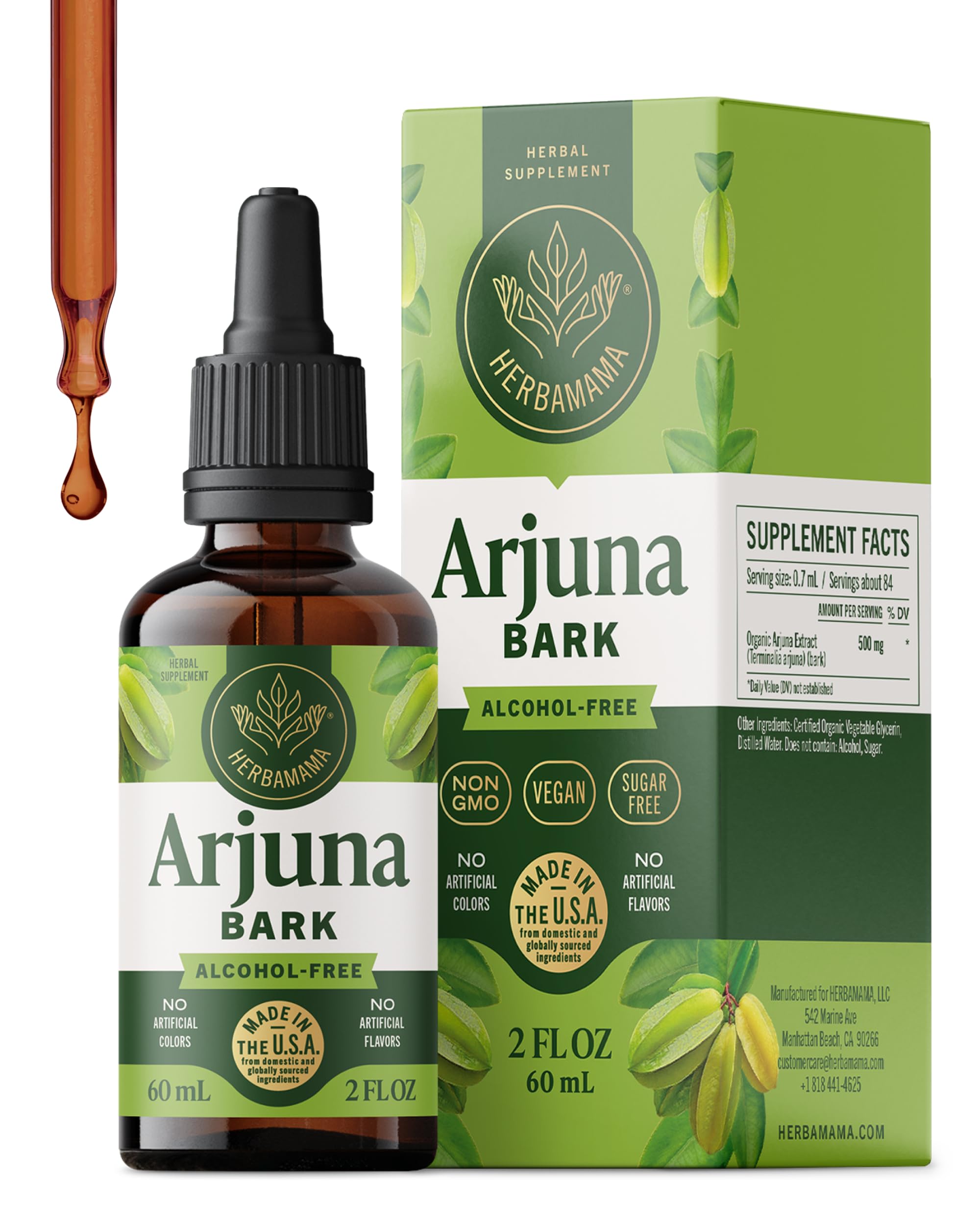 HERBAMAMA Arjuna tincture bottle showing vegan, alcohol-free formula for daily support.
