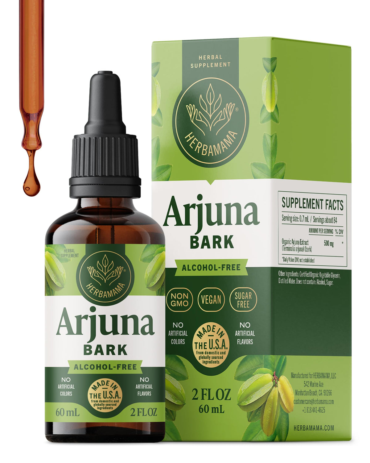 HERBAMAMA Arjuna tincture bottle showing vegan, alcohol-free formula for daily support.