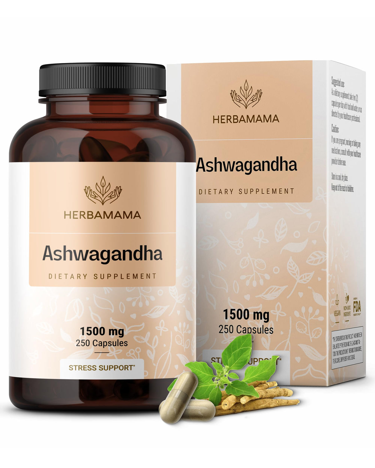 HERBAMAMA Ashwagandha capsules bottle highlighting calm mood support