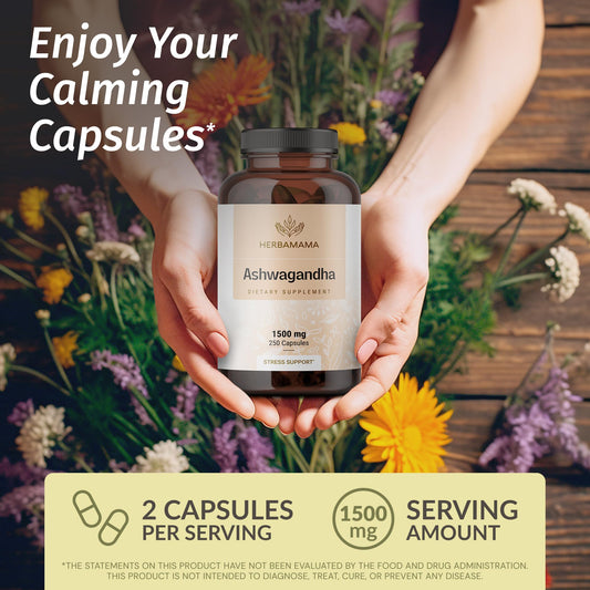 Closeup of HERBAMAMA Ashwagandha capsules showing simple two-ingredient formula